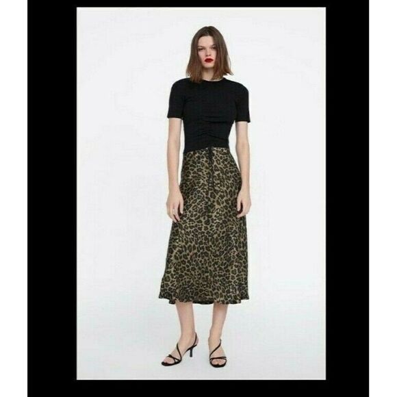 Zara Skirt Animal Print Green Brown Khaki Satin A-line Midi Skirt Size X-Small - Picture 1 of 8